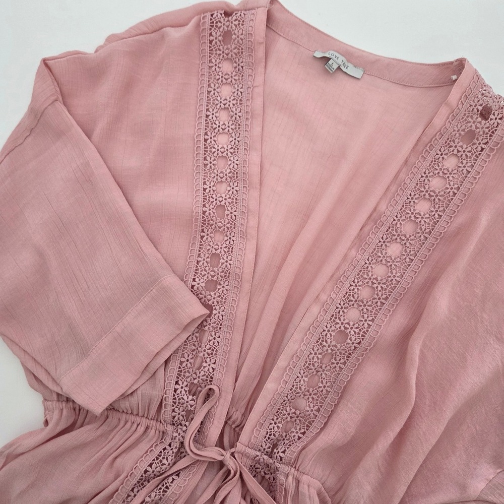LOVE TREE Pink‎ Lace Trim Gauzy Kimono Maxi Cardigan Cover Up L